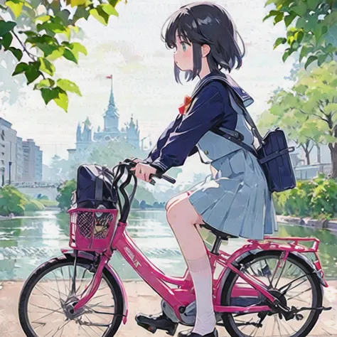 (masterpiece, Highest quality:1.2), reality、girl on a bicycle， alone、Junior high school girl，Very short stature，Thin thighs，unif...