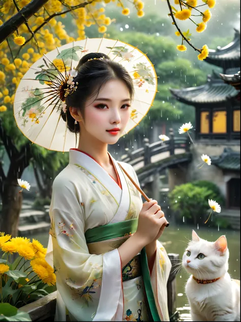 (Girl holding an oil-paper umbrella:1.3)，Girls Focus，Close shot，Stand on a small bridge，Running Water，Ancient Town，Jiangnan Scen...