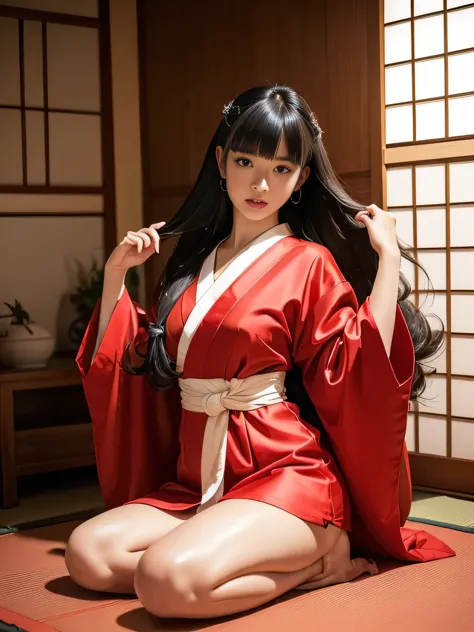 １woman　((Waist up shot))　((She wears a Japanese kimono with a predominantly red color scheme.))　(She is in a Japanese-style room...