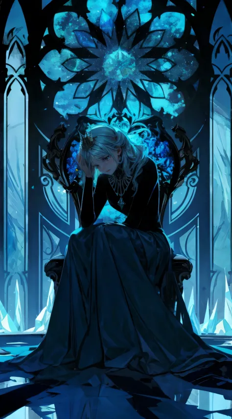 the evil ice is sitting on her throne, she has a small crown, tyndall effect from the stained glass decoration behind her, power...
