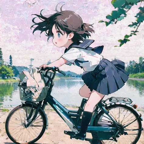 (masterpiece, Highest quality:1.2), reality、girl on a bicycle， alone、Little:1.4，Junior high school girl，Very short stature，Thin ...