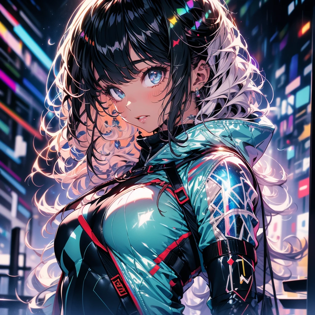 Create Ultra High Definition, Masterpiece quality image with white theme, Featuring a cute anime girl with long black hair in a cool pose, Attack with a high-tech sword. In this scene、A large number of holographic swords appear floating in a circle.。, Each one has countless intricate parts, Set in a predominantly white cyberpunk environment. The scene is enriched with holographic elements and light particles., Emphasizing futuristic and fantastical aesthetics. The image is、Capturing the essence of purity and sophistication with the finest quality and beauty, A super detailed display of a girl and her holographic sword, Super-resolution visuals that highlight the intricate details of a scene.