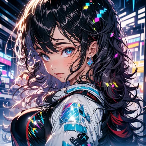 create ultra high definition, masterpiece quality image with white theme, featuring a cute anime girl with long black hair in a ...