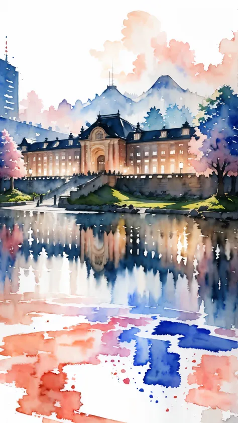 (masterpiece:1.2, Highest quality),(Very detailed),(((watercolor))),8K,wallpaper,Japanese Landscape,Tokyo Station,night