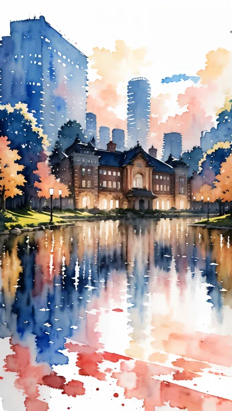 (masterpiece:1.2, Highest quality),(Very detailed),(((watercolor))),8K,wallpaper,Japanese Landscape,Tokyo Station,evening