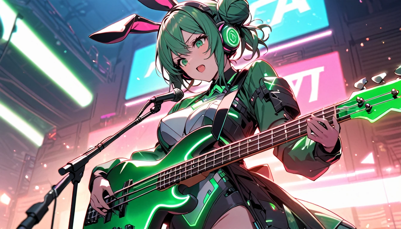 Beautiful girl, single, hair tied in two buns, green hair, glowing wires. Wear a half-hat, headphones, bunny ears, and a neon sci-fi robot leotard. Behind it is a robot with neon lights. The background image is a large robot clearly visible, on stage holding a bass and singing.