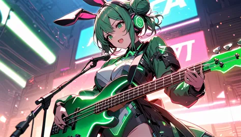 Beautiful girl, single, hair tied in two buns, green hair, glowing wires. Wear a half-hat, headphones, bunny ears, and a neon sc...