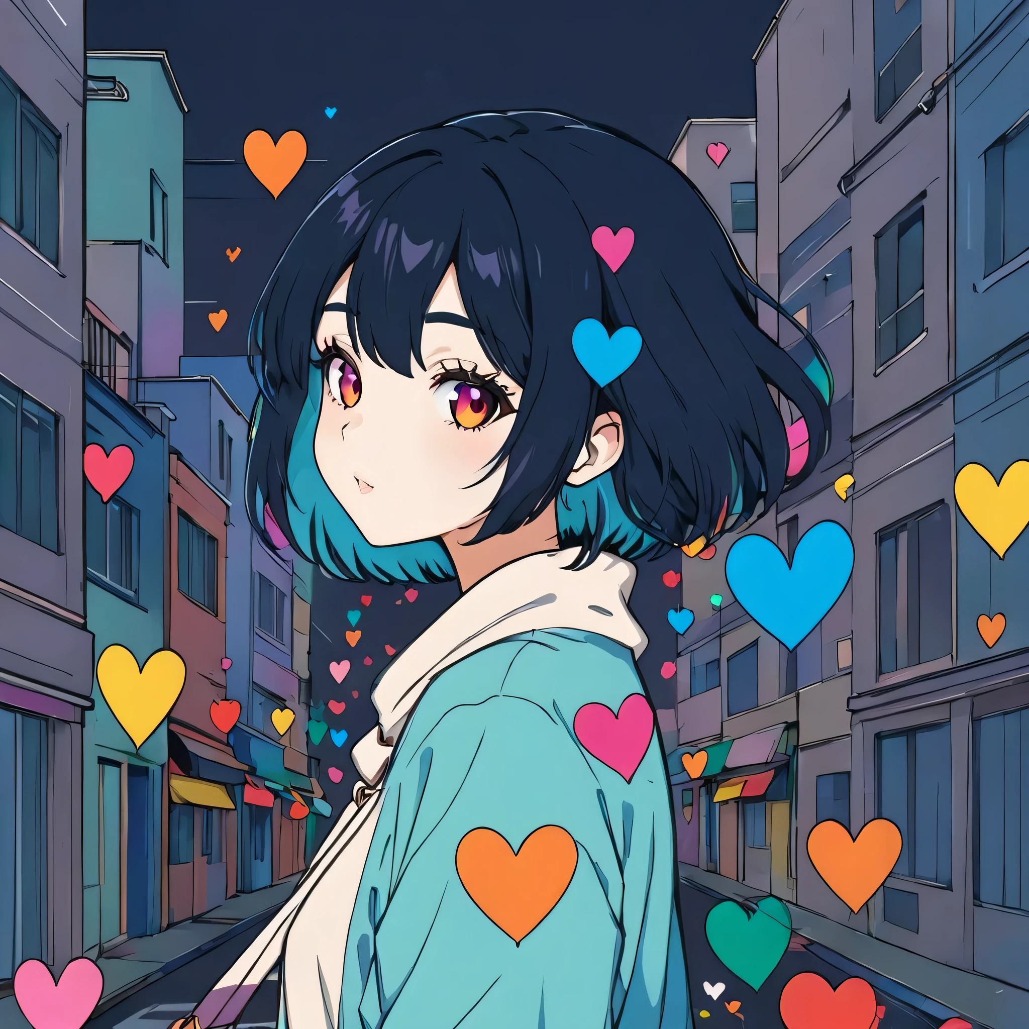 Mai Yoneyama style, Simple Line Initialism，Abstract art，Urban Background, colorful hearts ,(((The most beautiful girl of all time))),