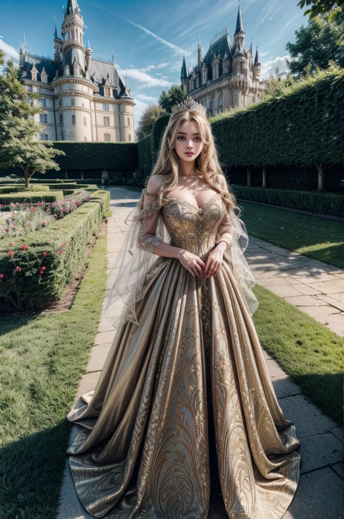 masterpiece, highres, high detailed,  intricate details, depth of field, 1 girl, queen, royal crown, Coronation Gown, queen dress, Evening Gown, outdoor background. The background is a luxurious castle, mildly clouds, best sunlight. There are 2 long flower beds besides the path, queen is standing on the path. Her face is gorgeous, beautiful, confident. She wears a lot of luxury jelweries. She has blue eyes, white long hair. Behind her is the castle.