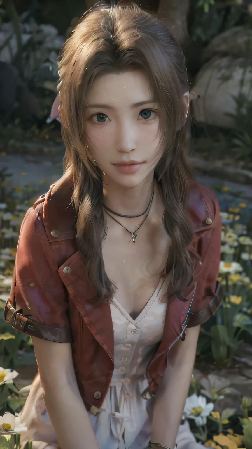 (masterpiece, best quality:1.4), (((1 girl))), highres, solo, (((Aerith Gainsborough))), Cosplay, Aerith Gainsborough from final fantasy, (((16 years old))),high detailed skin, (photorealistic:1.4), 8k high definition detailed realistic, (best quality, masterpiece:1.2), best quality, highly detailed, ((smile)), green eyes, red short jaket, pink dress, pink skirt, standing, ((cowboy shot)), ((looking at viewer)), (realistic, hyperrealistic:1.4), 16k hdr, from above, (((Blue sky))), BREAK, ((flower field))