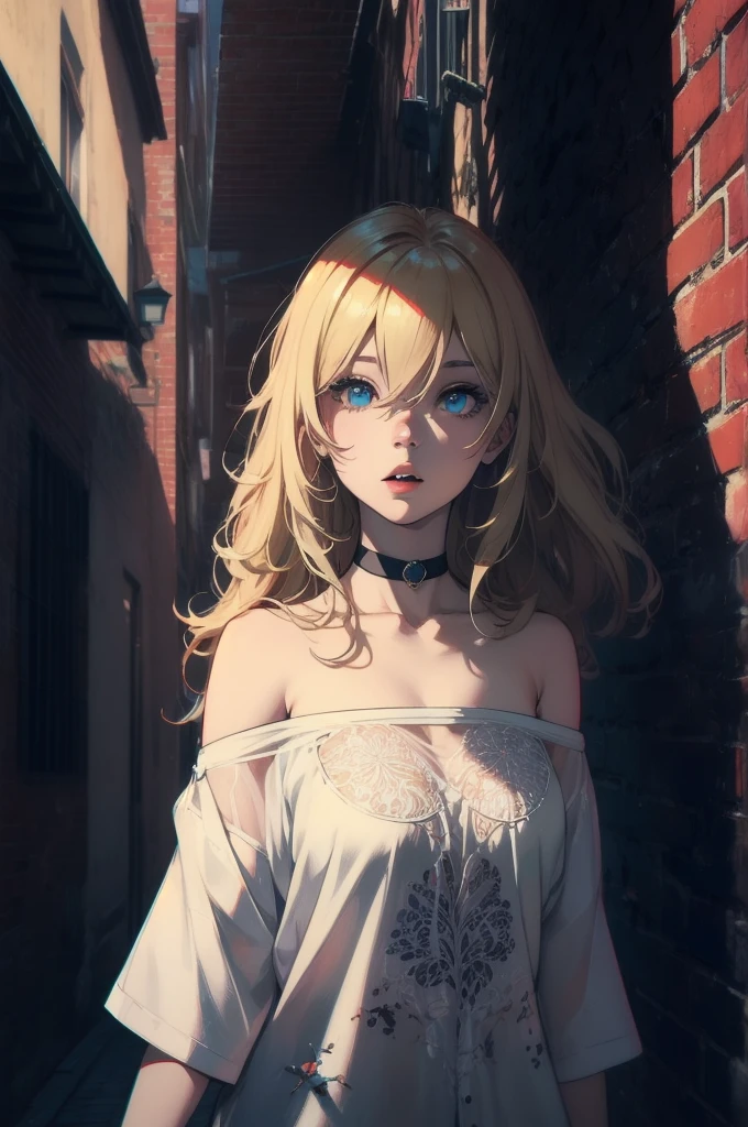 Ultra-realistic 8K CG, masterpiece, ((Highly detailed background, Delicate pattern, Exquisite detail)), Highest quality, Exquisite details, chromatic aberration, One girl, Long Hair, Blonde, Messy Hair, Red highlights, Hair on one eye, Sharp eyes, choker, Brick wall, graffiti, Dim lighting, alley, Oversized shirt,Off the shoulder, Sheer white shirt, masterpiece, Highest quality