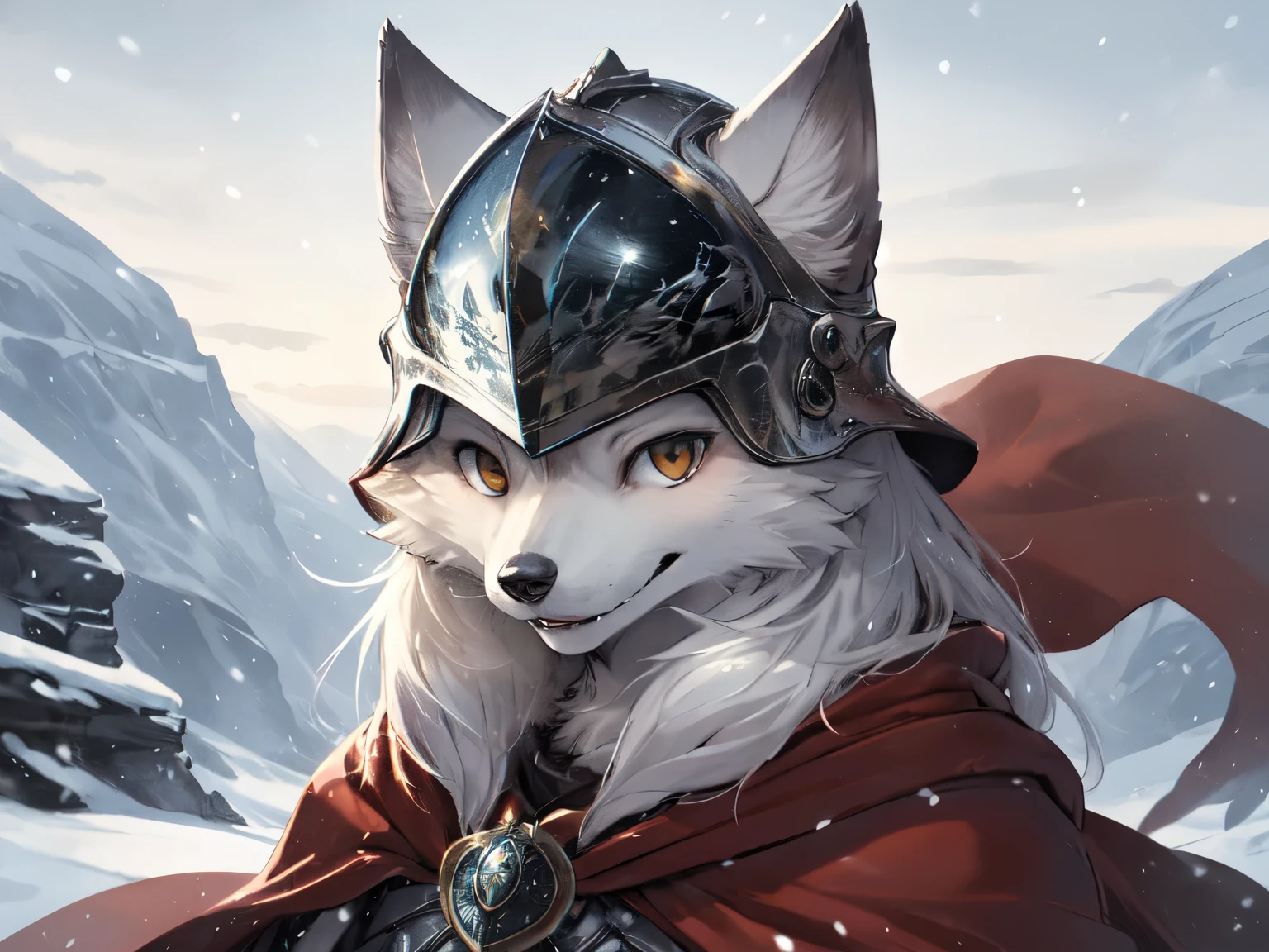  1 person, Retrato de hombre lobo 8k, zorro ártico, El pelaje del Ártico es tan blanco como la nieve.，caballero，casco，capa roja, complejo, Muy detallado, número, Liso, Enfoque claro, ilustración, ((obra maestra))，Yoshitaka Amano