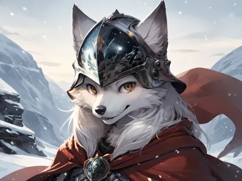  1 person, 8k Werewolf Portrait, Arctic fox, Arctic fur is as white as snow，knight，helmet，Red Cape, complex, Very detailed, numb...
