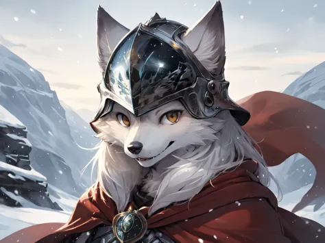 1 person, 8k werewolf portrait, arctic fox, arctic fur is as white as snow，knight，helmet，red cape, complex, very detailed, numbe...