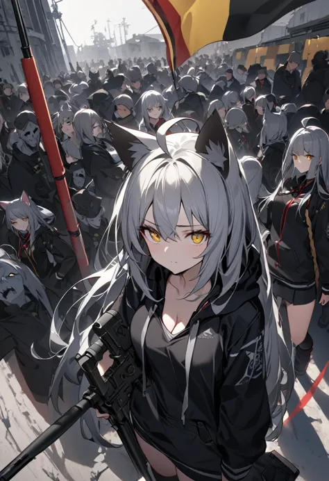 raising the german flag、suspicious gathering、surrounded by enemieasterpiece, best quality:1.2), 1girl, 独奏、gray cat ears、grey lon...