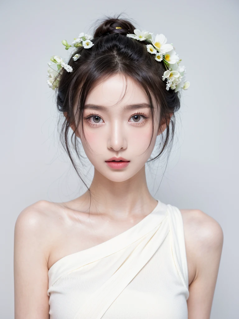 masterpiece,Best picture quality,Extreme details,Ultra-high resolution,Ultra-high definition,Beautiful young people,Glowing skin,thin,Black Hair,Half bun,1,big eyes,beautiful eyes,Lipstick,Exquisite facial features,Medium shot,Looking at the viewer, Drop Shoulder,Single tone background,White background,Soft light，Wear flowers on your head