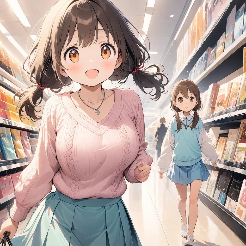 (pastel color:1.3), (short girl:1.0), indoor, (shopping:1.5), 
(wearing knit sweater:1.5), (skirt:1.5), walking, (pantie shot:1.8), (pantie:1.0), (laugh:1.3),
beautiful illustration, (perfect lighting, natural lighting), beautiful detailed hair, beautiful detailed face, beautiful detailed eyes, beautiful clavicle, beautiful body, beautiful chest, beautiful thigh, beautiful legs, beautiful hands, cute and symmetrical face, shiny skin, ,(beautiful scenery), (upper eyes), (ultra illustrated style:1.3), (ultra detailed pantie:1.5), (beautiful faces detailed, real human skin:1.2), 
 (1 girl:1.6), (child:1.5), (9 years old, height 1.2meters, chubby 28kg, tareme:1.3), (orange eyes with a hint of pink:1.3), (dark brown hair:1.7), (straight hair:1.7), (long hair:1.5), (low twintails:1.7), (red hair tie:1.7), (large and soft breasts, Slender body, Small Ass:1.7), fair skin, (necklace:1.3), (Droopy eyes:1.2), 
(dynamic angle, sexypose:1.4), (from bellow:1.5), (from side:1.0), (from above:0.5), 
elicate details, depth of field, best quality, anatomically correct, high details, HD, 8k,