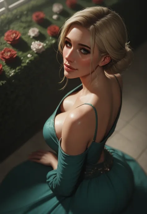 score_9, score_8_above, score_7_above, 1girl, large_breasts, royal_garden, elegant_green_dress, off_shoulder_dress, (shy_smile:0...