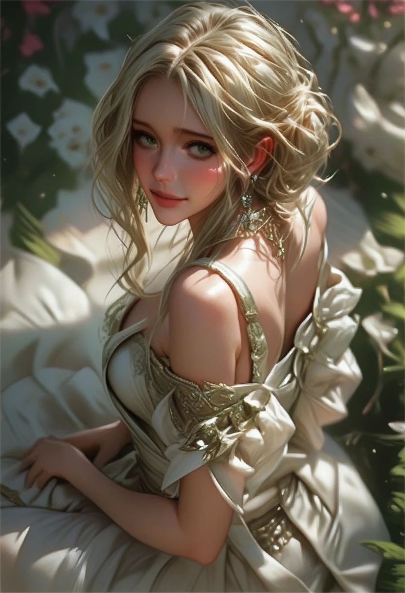 score_9, score_8_above, score_7_above, 1girl, large_breasts, royal_garden, elegant_green_dress, off_shoulder_dress, (shy_smile:0.9), cute_woman, blonde, wide, side view, from_above
