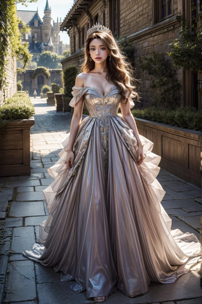 Meisterwerk, highres, Hochdetailliert,  komplizierte Details, Tiefenschärfe, 1 Mädchen, Königin, Königskrone, Krönungskleid, Königin dress, Abendkleid, Outdoor-Hintergrund. Der Hintergrund ist ein luxuriöses Schloss, Leicht bewölkt, bestes Sonnenlicht. Es gibt 2 lange Blumenbeete neben dem Weg, Königin is standing on the path. Ihr Gesicht ist wunderschön, Schön, zuversichtlich. Sie trägt viel Luxusschmuck. sie hat blaue Augen, Weiße lange Haare. Hinter ihr ist das Schloss.