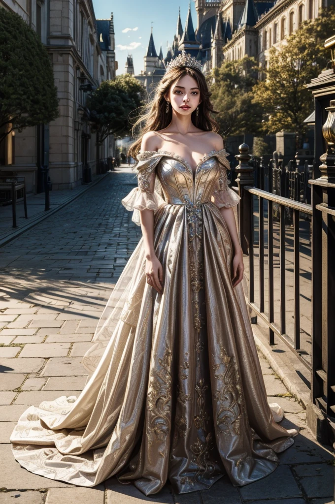 masterpiece, highres, high detailed,  intricate details, depth of field, 1 girl, queen, royal crown, Coronation Gown, queen dress, Evening Gown, outdoor background. The background is a luxurious castle, mildly clouds, best sunlight. There are 2 long flower beds besides the path, queen is standing on the path. Her face is gorgeous, beautiful, confident. She wears a lot of luxury jelweries. She has blue eyes, white long hair. Behind her is the castle.