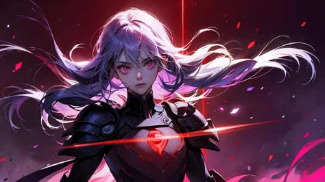 armor、Gray Hair、Red-eyed anime girl holding a gun in front of a purple and red background, Gapmore Grim Dark, portrait Gapmore G...