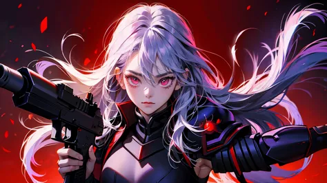 armor、gray hair、red-eyed anime girl holding a gun in front of a purple and red background, gapmore grim dark, portrait gapmore g...