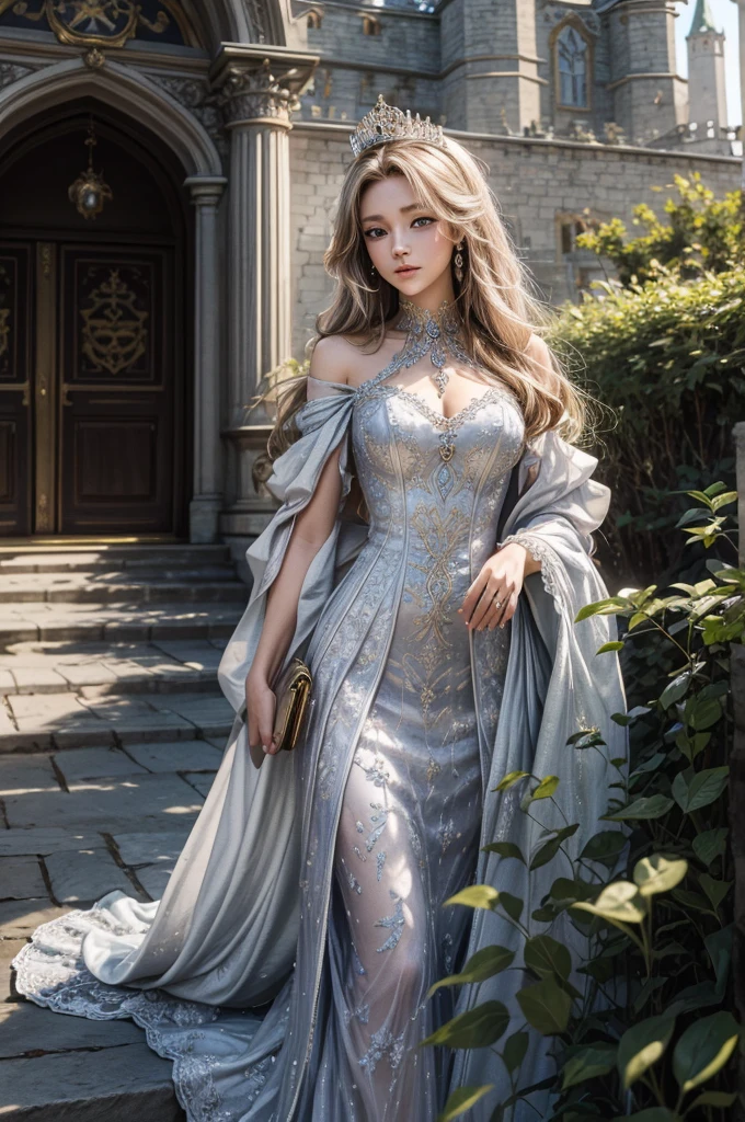 masterpiece, highres, high detailed,  intricate details, depth of field, 1 girl, queen, royal crown, Coronation Gown, queen dress, Evening Gown, outdoor background. The background is a luxurious castle, mildly clouds, best sunlight. There are 2 long flower beds besides the path, queen is standing on the path. Her face is gorgeous, beautiful, confident. She wears a lot of luxury jelweries. She has blue eyes, white long hair. Behind her is the castle.