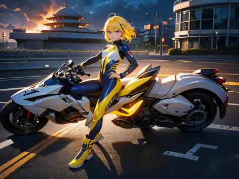 thunder backdrop, thunder ranger, loli face, small breast, tight suit, speedy thunder, alien weapons , yellow hair