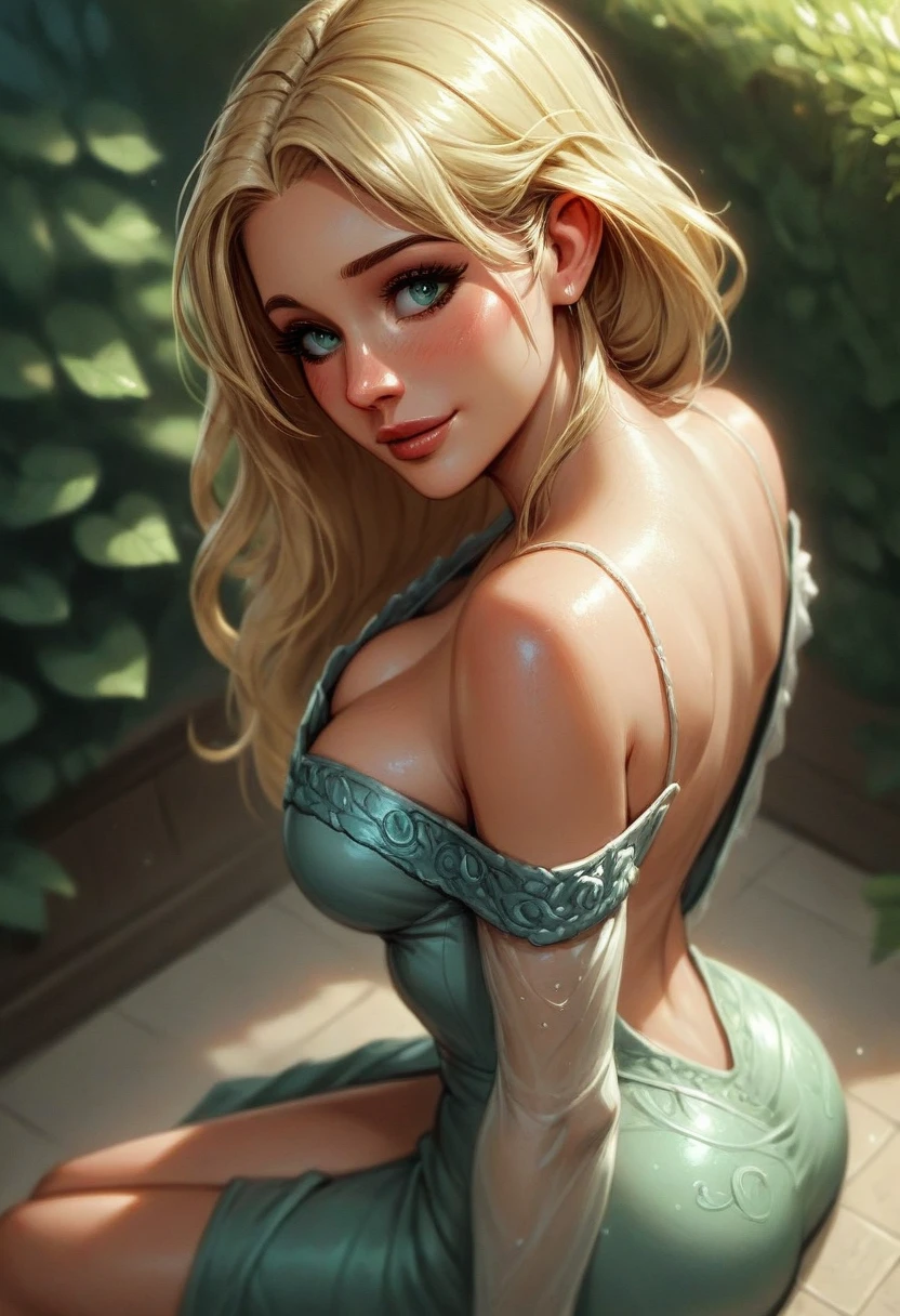 score_9, score_8_above, score_7_above, 1girl, large_breasts, royal_garden, elegant_green_dress, off_shoulder_dress, (shy_smile:0.9), cute_woman, blonde, wide, side view, from_above
