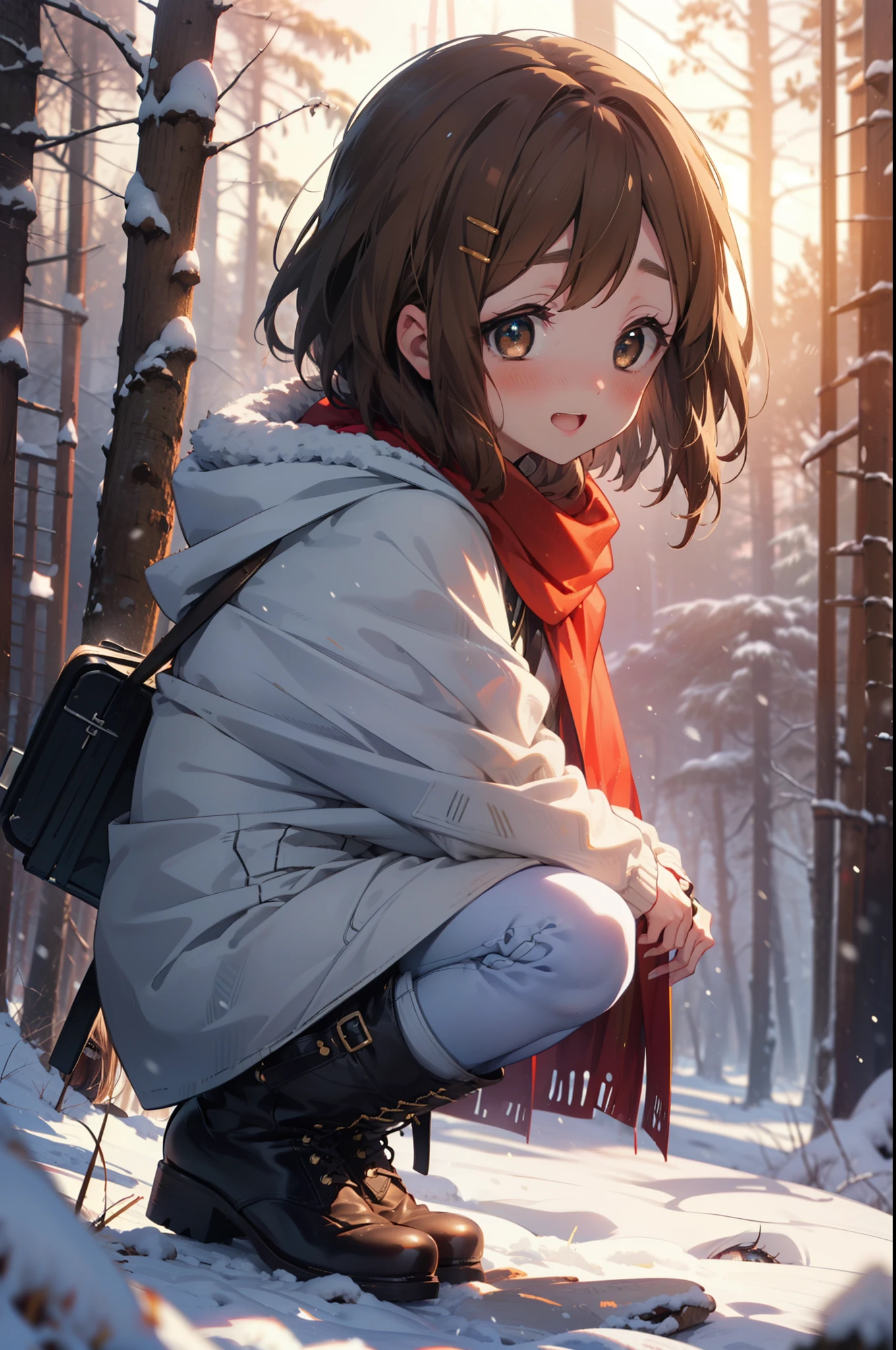 yuihirasawa, Yui Hirasawa, short hair, Brown Hair, hair ornaments, (Brown eyes:1.5), Hair Clip、smile,smile,blush,White Breath,
Open your mouth,snow,Ground bonfire,, Outdoor, boots, snowing, From the side, wood, suitcase, Cape, Blurred, , forest, White handbag, nature,  Squat, Mouth closed, Cape, winter, Written boundary depth, Black shoes, red Cape break looking at viewer, Upper Body, whole body, break Outdoor, forest, nature, break (masterpiece:1.2), Highest quality, High resolution, unity 8k wallpaper, (shape:0.8), (Beautiful and beautiful eyes:1.6), Highly detailed face, Perfect lighting, Highly detailed CG, (Perfect hands, Perfect Anatomy),