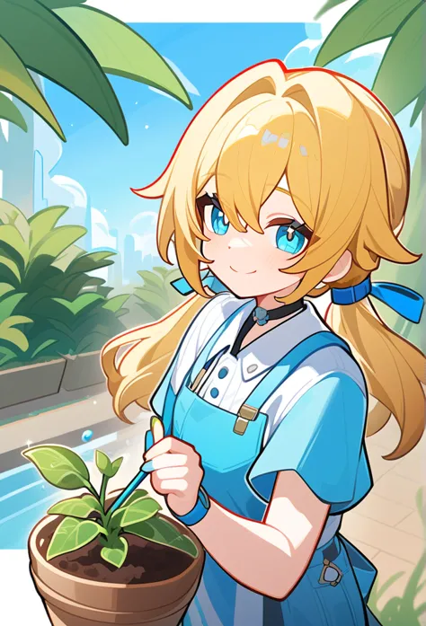 Honkai:star rail art styles, blonde hair, thick twintails, cyan blue eyes, Gardening club, smile with lively