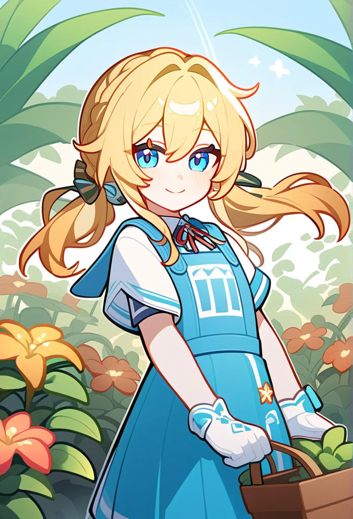 Honkai:star rail art styles, blonde hair, thick twintails, cyan blue eyes, Gardening club, smile with lively