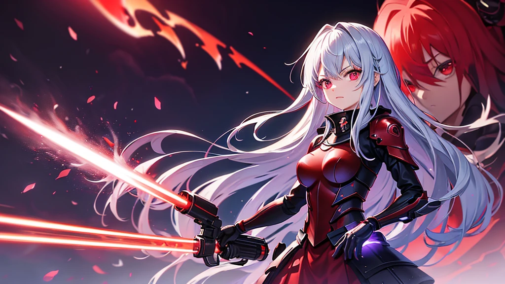 armor、Gray Hair、Red-eyed anime girl holding a gun in front of a purple and red background, Gapmore Grim Dark, portrait Gapmore Grim Dark, gapmoe yandere, Red eyes glow, Red lasers, Red laser, Best anime 4K Kona-chan wallpapers, Laser Wipe, With glowing red eyes, Highest quality