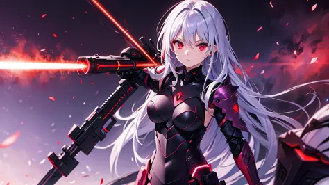 armor、Gray Hair、Red-eyed anime girl holding a gun in front of a purple and red background, Gapmore Grim Dark, portrait Gapmore G...