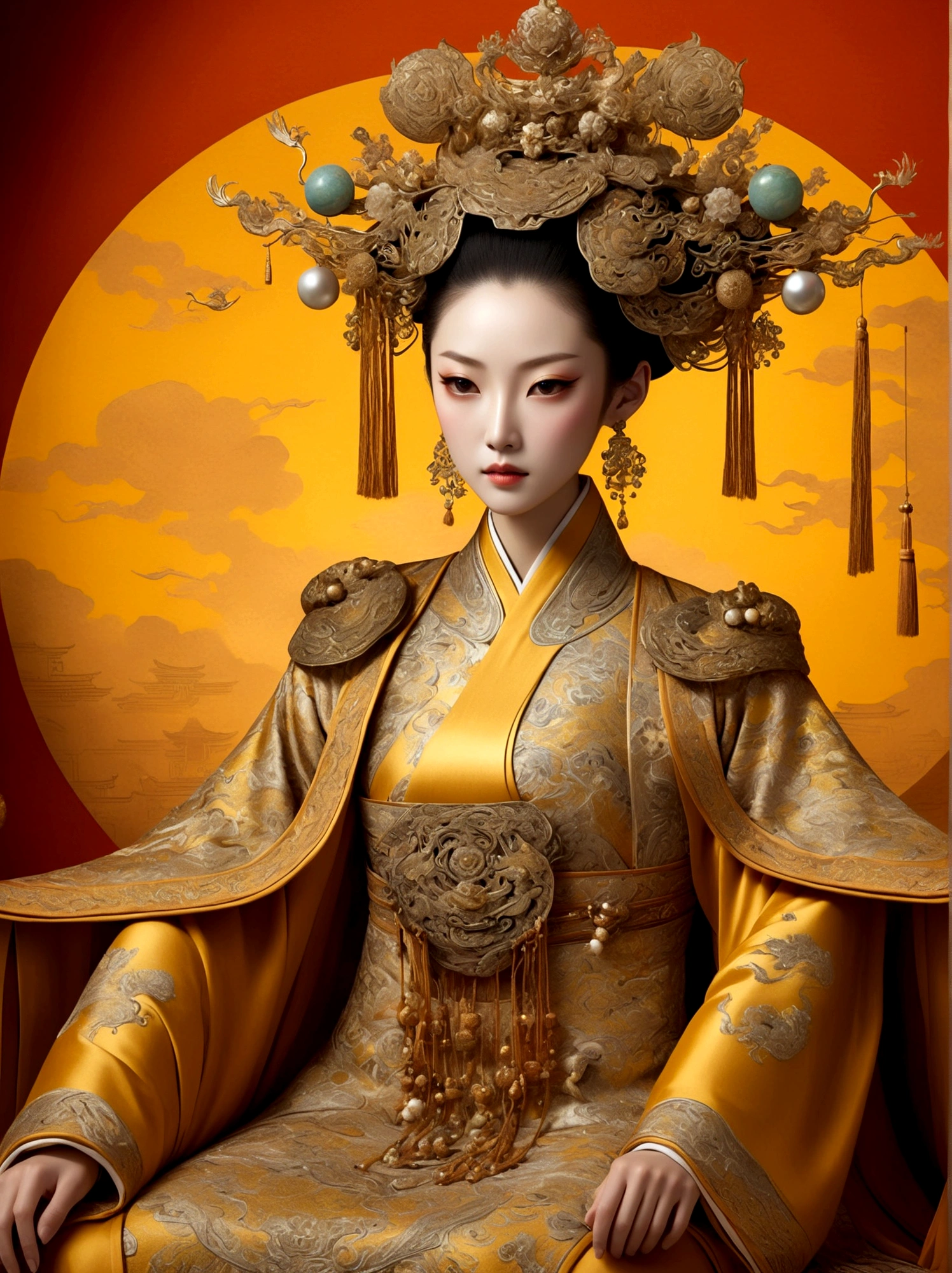 (Chinese Tang Dynasty Empress:1.3)，A royal figure in a lavish robe, adorned with a large crown, is seated on a throne, The setting is otherworldly and surreal, located in the vast expanse of space, The figure is perched on a miniature planet that's enveloped entirely by the rich fabric of the robe, reflecting an element of royal extravagance