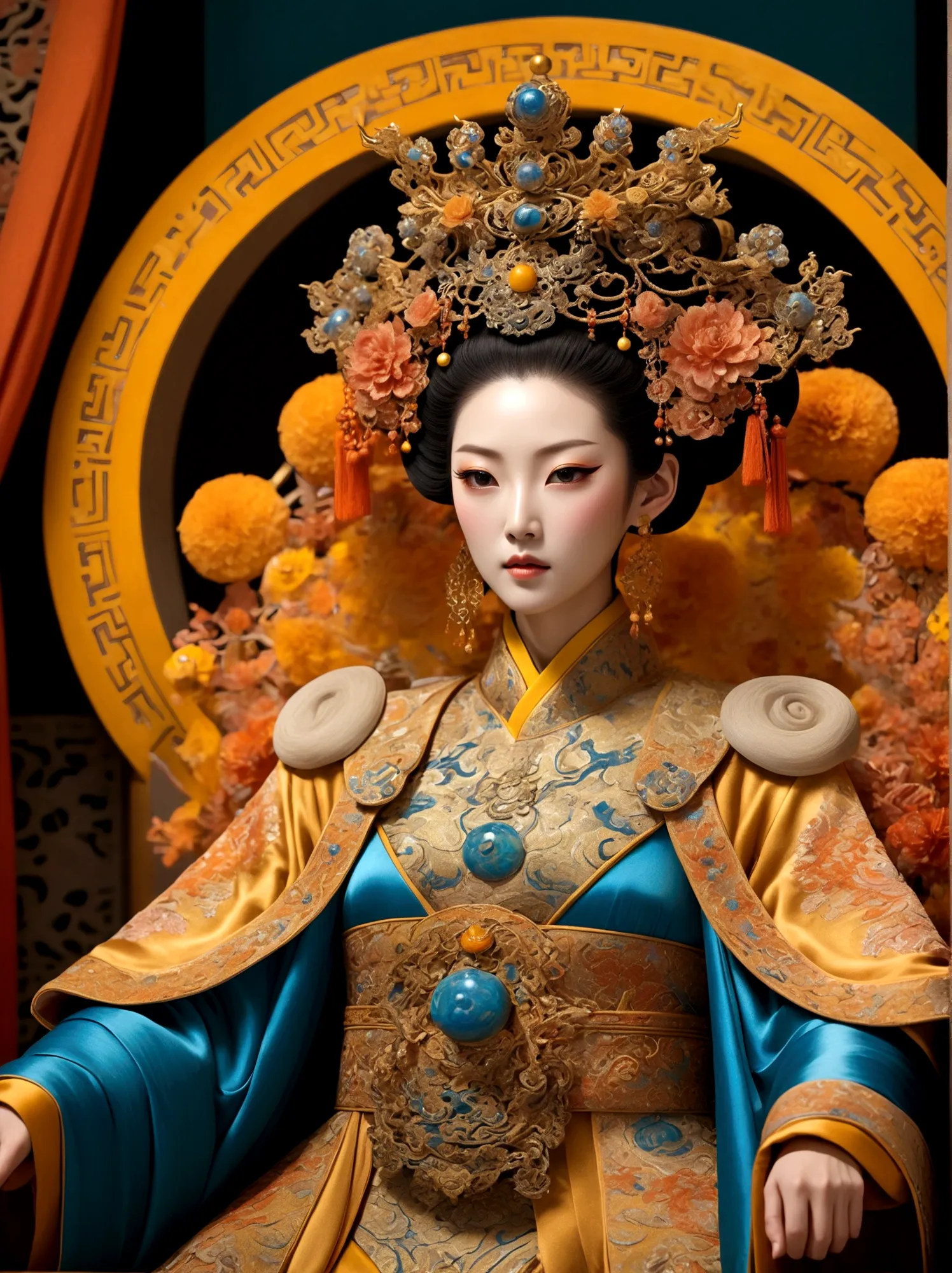 (Chinese Tang Dynasty Empress:1.3)，A royal figure in a lavish robe, adorned with a large crown, is seated on a throne, The setti...