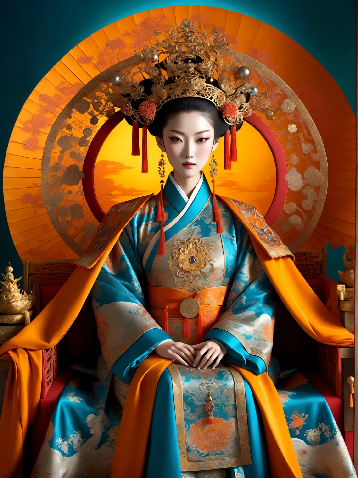 (Chinese Tang Dynasty Empress:1.3)，A royal figure in a lavish robe, adorned with a large crown, is seated on a throne, The setti...