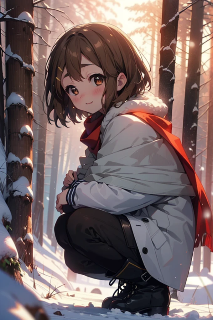 yuihirasawa, Yui Hirasawa, short hair, Brown Hair, hair ornaments, (Brown eyes:1.5), Hair Clip、smile,smile,blush,White Breath,
Open your mouth,snow,Ground bonfire,, Outdoor, boots, snowing, From the side, wood, suitcase, Cape, Blurred, , forest, White handbag, nature,  Squat, Mouth closed, Cape, winter, Written boundary depth, Black shoes, red Cape break looking at viewer, Upper Body, whole body, break Outdoor, forest, nature, break (masterpiece:1.2), Highest quality, High resolution, unity 8k wallpaper, (shape:0.8), (Beautiful and beautiful eyes:1.6), Highly detailed face, Perfect lighting, Highly detailed CG, (Perfect hands, Perfect Anatomy),