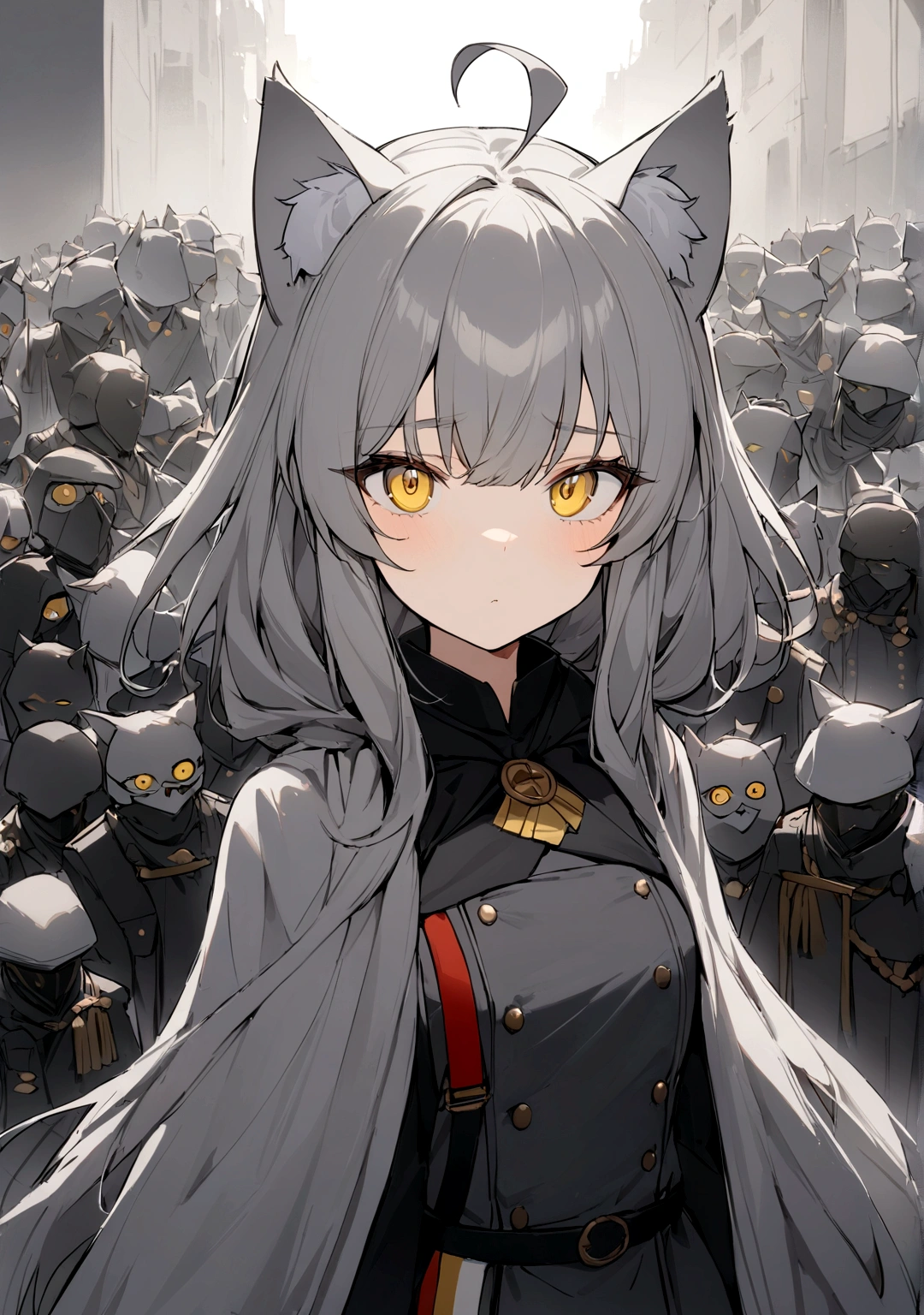 Dynamic Angles、Raising the German flag、Suspicious Gathering、Surrounded by enemieasterpiece, best quality:1.2), 1girl, 独奏、Gray cat ears、Grey long hair、Ahoge、Yellow Eyes、Gray cat ears、Background of military bases、