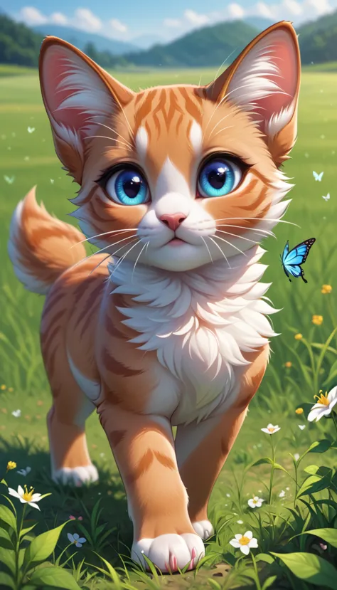 a tiny, cute kitten with white whiskers and bright eyes,the kitten running after a butterfly in a green field