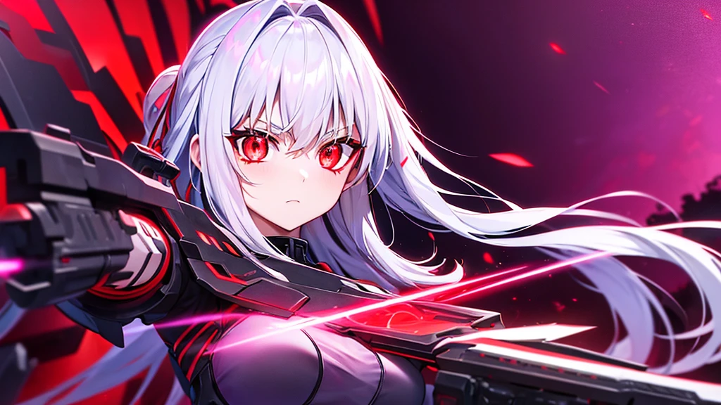 armor、Gray Hair、Red-eyed anime girl holding a gun in front of a purple and red background, Gapmore Grim Dark, portrait Gapmore Grim Dark, gapmoe yandere, Red eyes glow, Red lasers, Red laser, Best anime 4K Kona-chan wallpapers, Laser Wipe, With glowing red eyes, Highest quality