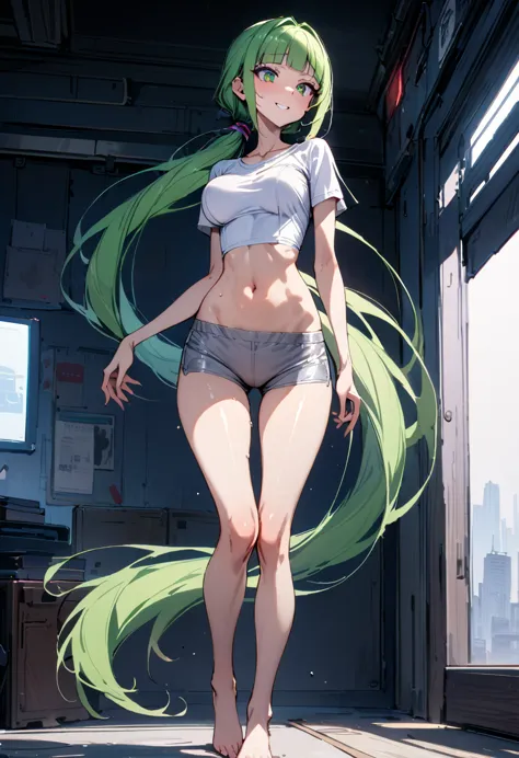 ((masterpiece,Highest quality:1.3)),1woman,30 year old beauty,独奏,((very small head:1.3)),green hair,(low ponytail),long hair,blu...