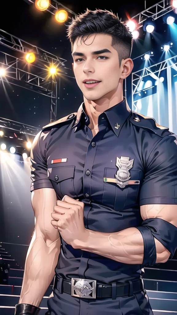 handsome man,(crew cut short hair:1.2),black eye,smile,open mouth
(navy police uniform:1.2),(shirt short sleeves:1.2),collar,(shirt covered over:1.2),(name tag and Police badge:1.2),(shirt no buttons:1.1),(black_gloves:1.3),
(Navy blue cargo:1.2),Korean guy,korean men,(High gloss details),(chest muscles:1.2),(large arm muscles:1.2),blood vessel,Big muscles,Broad shoulders,looking at the audience,Balancing the eyes,middle of the road,(stage:1.4),