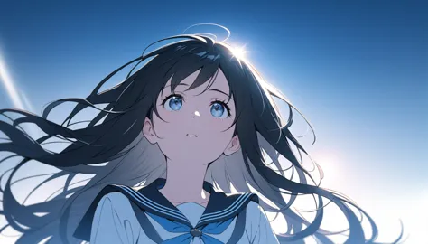 A high school girl in a summer sailor uniform looks up at the sky with a fragile expression on her face.

The summer sun shines ...