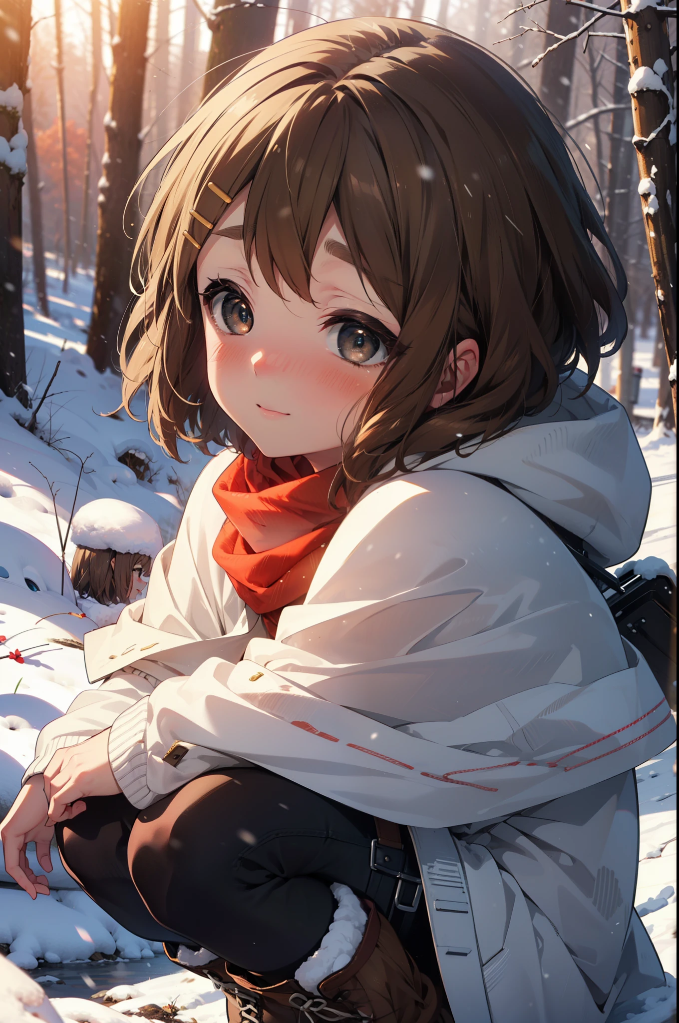 yuihirasawa, Yui Hirasawa, short hair, Brown Hair, hair ornaments, (Brown eyes:1.5), Hair Clip、smile,smile,blush,White Breath,
Open your mouth,snow,Ground bonfire,, Outdoor, boots, snowing, From the side, wood, suitcase, Cape, Blurred, , forest, White handbag, nature,  Squat, Mouth closed, Cape, winter, Written boundary depth, Black shoes, red Cape break looking at viewer, Upper Body, whole body, break Outdoor, forest, nature, break (masterpiece:1.2), Highest quality, High resolution, unity 8k wallpaper, (shape:0.8), (Beautiful and beautiful eyes:1.6), Highly detailed face, Perfect lighting, Highly detailed CG, (Perfect hands, Perfect Anatomy),