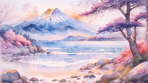 (masterpiece:1.2, Highest quality),(Very detailed),(((watercolor))),8K,wallpaper,Japanese Landscape,Fuji Mountain,Tatego Beach