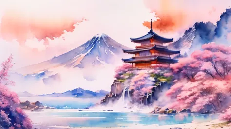 (masterpiece:1.2, Highest quality),(Very detailed),(((watercolor))),8K,wallpaper,Japanese Landscape,Fuji Mountain,Tatego Beach