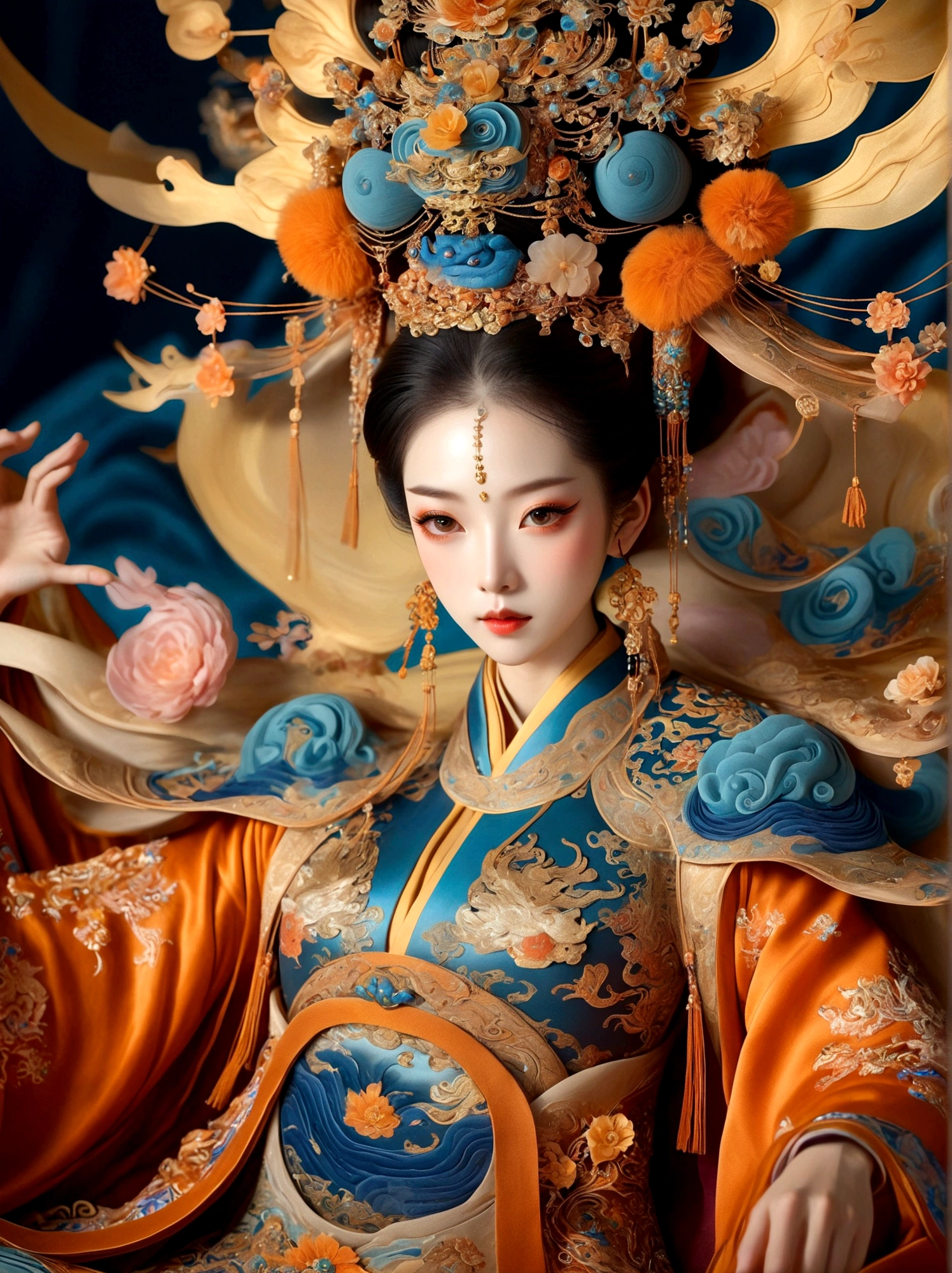 (Chinese Tang Dynasty Empress:1.3)，A royal figure in a lavish robe, adorned with a large crown, is seated on a throne, The setting is otherworldly and surreal, located in the vast expanse of space, The figure is perched on a miniature planet that's enveloped entirely by the rich fabric of the robe, reflecting an element of royal extravagance