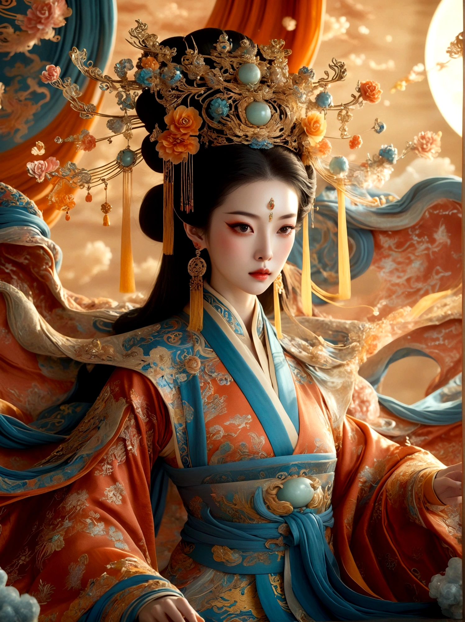 (Imperatriz da Dinastia Tang Chinesa:1.3)，Uma figura real em um manto luxuoso, adornado com uma grande coroa, está assentado em um trono, O cenário é sobrenatural e surreal, localizado na vasta extensão do espaço, A figura está empoleirada em um planeta em miniatura inteiramente envolvido pelo rico tecido do manto., refletindo um elemento de extravagância real